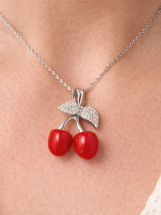 Cherry Pendant Necklace Red Austrian Crystal Rhinestone Silvertone 29” Coquette - Picture 2 of 8